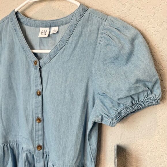 NWT Girl’s Gap Kids Blue Denim Tiered Cotton Puff Sleeve Dress - Size L - Picture 6 of 8